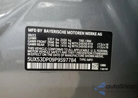 2023 BMW X3 xDrive30I из США, поврежденный, VIN 5UX53DP09P9S97784